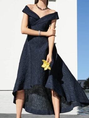 Rickie Freeman for Teri Jon Off-the- Shoulder High Low Navy Jacquard Gown S 14